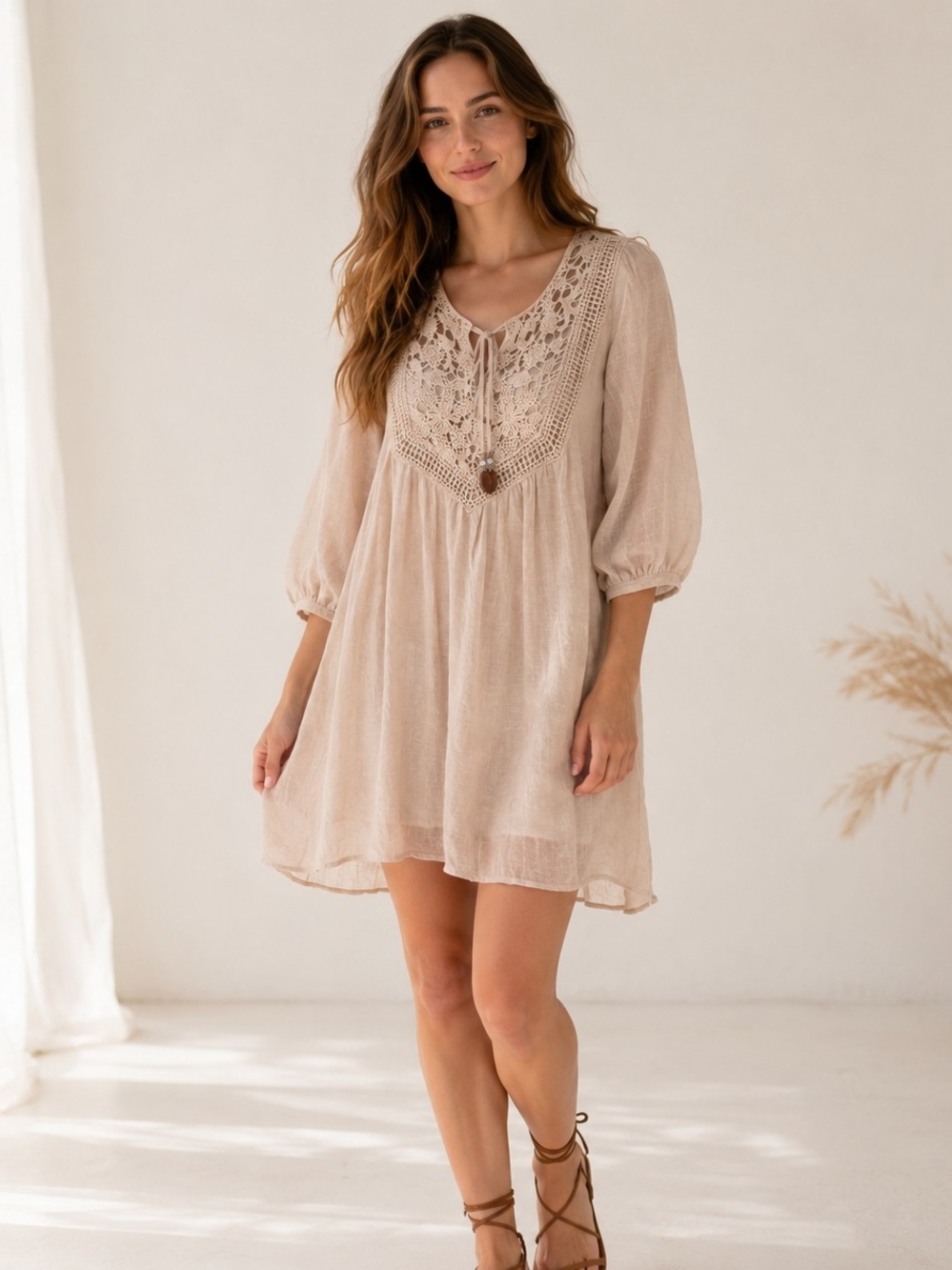 Boho Lace-Detail Tunic Dress in Beige Cottagecore